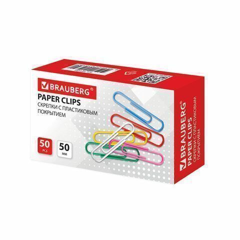 Скрепки 50 мм 50 шт цветные BRAUBERG в картонной коробке 1/10