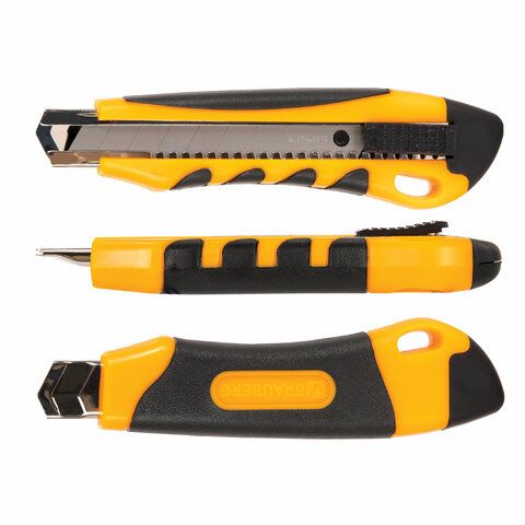 Нож канцелярский 18мм 3 лезвия автофиксатор с резинов вставками Univers Brauberg 1/12/144