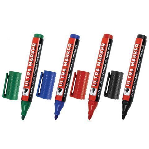 Маркер перманентный НАБОР 4шт круг 3,5мм (чер,син,крас,зел) BRAUBERG ULTRA MARKER 1/24/144 (Клиент)