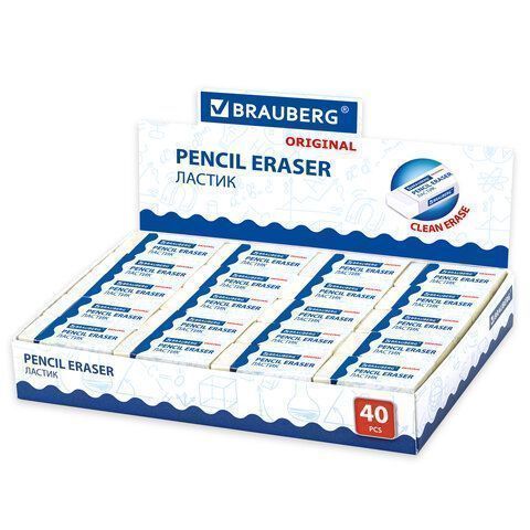 Ластик 38х20х10мм белый прямоугольный картон держатель Original BRAUBERG 1/40/1280