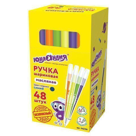 Ручка шариковая масляная синяя 1мм линия 0,5мм безоп.корпус ассорти ЮНЛАНДИЯ НЕОН 1/48
