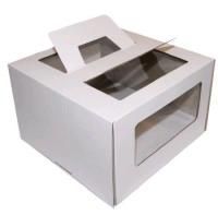 Коробка для торта с окном с ручками 290х290х160мм микрогофрокартон белая 25/25  Коробка для торта с окном с ручками 290х290х160мм микрогофрокартон белая 25/25