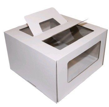 Коробка для торта с окном с ручками 290х290х160мм микрогофрокартон белая 25/25  Коробка для торта с окном с ручками 290х290х160мм микрогофрокартон белая 25/25