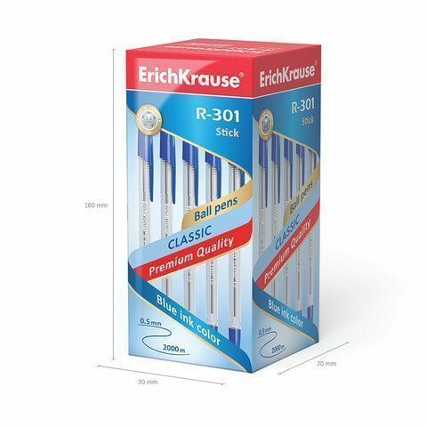 Ручка шариковая синяя узел 1мм линия 0,5мм корпус прозрачный 22029 ERICHKRAUSE R-301 1/50/3200
