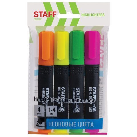 Текстмаркеры НАБОР 4шт 1-4мм ассорти STAFF STICK 1/48/288