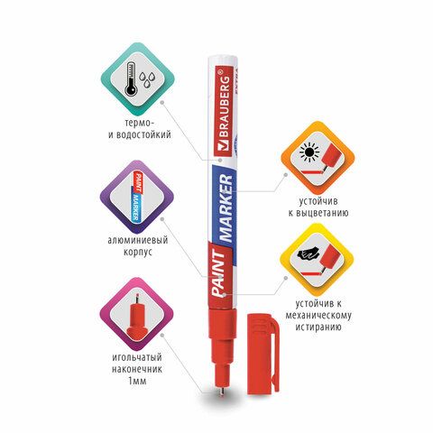 Маркер-краска лаковый красный 1мм усиленная нитро-основа BRAUBERG EXTRA 1/12/864