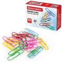 Скрепки BRAUBERG 33мм цветные, 100шт