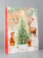 НГ Пакет подарочный ламинированный (33х42,5х10) Зверята у елки 1/6/90