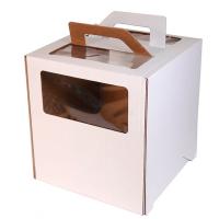 Коробка для торта с окном с ручками 280х280х300мм картонная белая 25/25 Коробка для торта с окном с ручками 280х280х300мм картонная белая 25/25