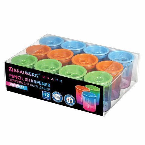 Точилка 2 отверстия с контейнером цвет ассорти Grade BRAUBERG 1/12/720
