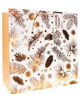 НГ Пакет подарочный бумажный (37х37х18) бронзовое тиснение Шишки 1/12