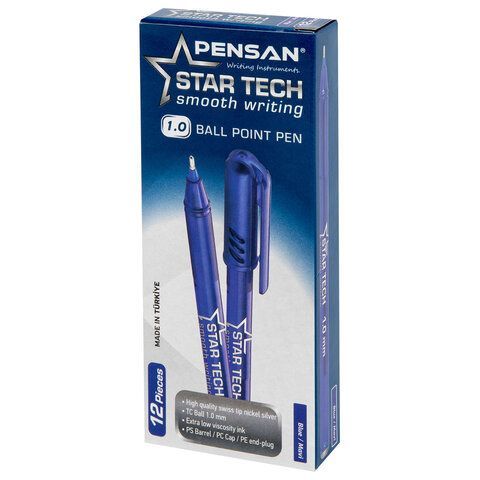 Ручка шариковая масляная PENSAN Star Tech, СИНЯЯ, игольчатый узел 1мм, линия 0,8 мм, 2260/12