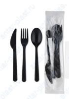 Набор одноразовой посуды №5 (вилка, столовая ложка, нож, зубочистка, салфетка) черный ПРЕМИУМ 1/500