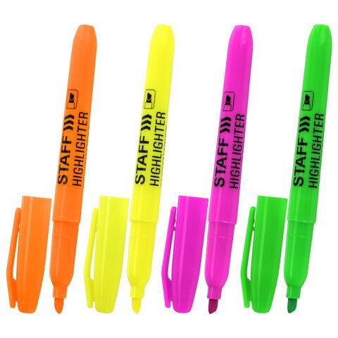 Текстмаркеры НАБОР 4шт 1-3мм скошенный наконечник (лим,зел,роз,оранж) STAFF 1/24/288