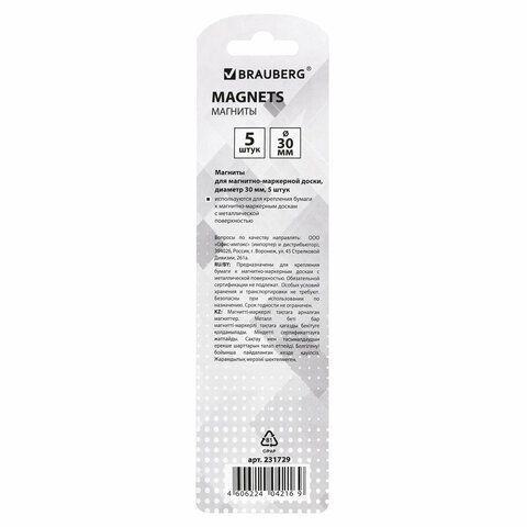 Магниты BRAUBERG диам. 30 мм, 5 шт, цвет АССОРТИ, в блистере 1/24/288