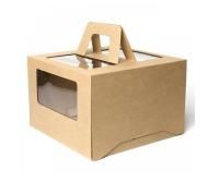 Коробка для торта с окном с ручками 240х240х200мм картонная крафт 25/25 Коробка для торта с окном с ручками 240х240х200мм картонная крафт 25/25