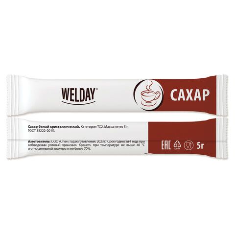 Продукты, Сахар в стиках 5 г, картонная упаковка, порционный, 200 пакетиков WelDay 1/6 (клиент)