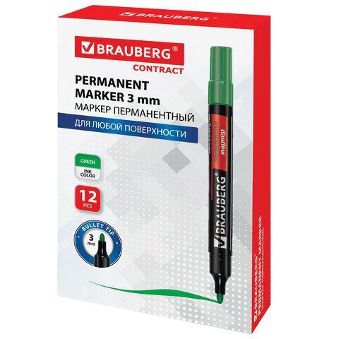 Маркер перманентный зеленый 3мм без клипа круглый наконечник Contract BRAUBERG 1/12
