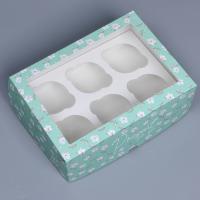Коробка для капкейков/маффинов с окном 250х170х100мм на 6шт картон Зелёный паттерн 1/5