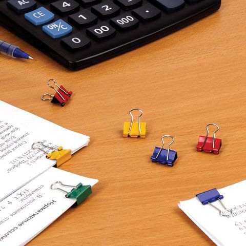 Зажимы для бумаг 15мм на 100л (12шт) цветные в картонной коробке BRAUBERG 1/12