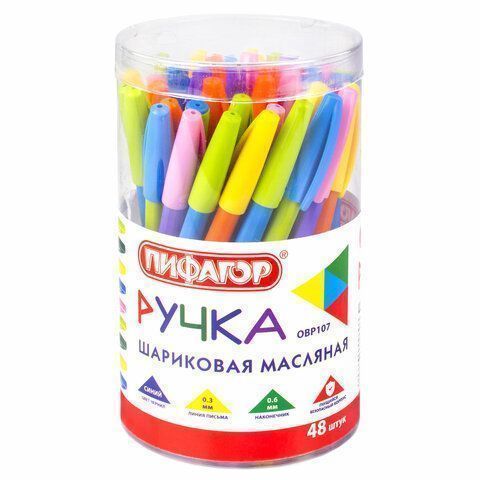 Ручка шариковая синяя масляная узел 0,6мм линия 0,3мм ПИФАГОР 1/48/1200
