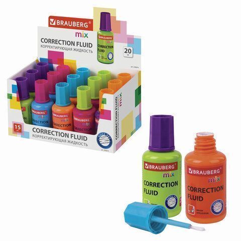 Корректирующая жидкость штрих 20мл флакон с кисточкой быстросохнущая MIX BRAUBERG 1/15