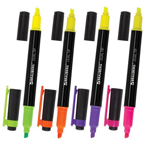 Текстмаркеры НАБОР 4шт 1-4мм двусторонние BRAUBERG АССОРТИ 1/24
