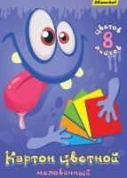 Цветной картон А4 8л 8цв  мелованный Монстрики Silwerhof 1/25