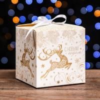 НГ Подарочная коробка 10х10х10см Снежные олени 1/10/600