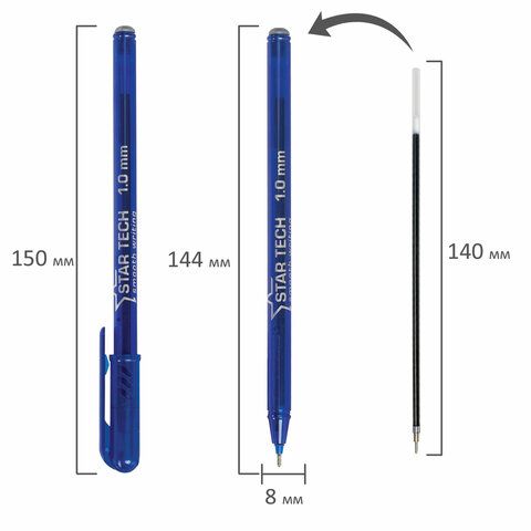 Ручка шариковая масляная PENSAN Star Tech, СИНЯЯ, игольчатый узел 1мм, линия 0,8 мм, 2260/12
