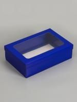Коробка с окном 300х200х90мм картонная синяя 5/150
