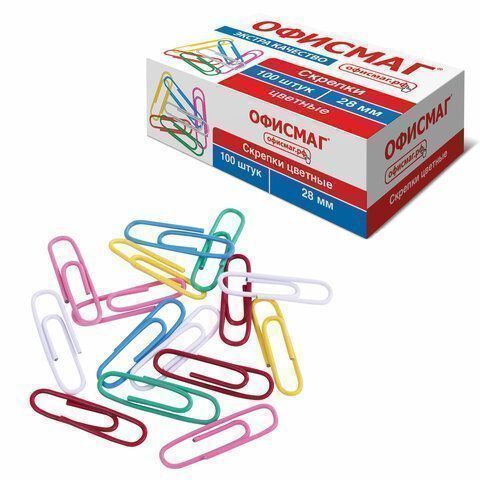 Скрепки 28мм 100шт цветные ОФИСМАГ 1/10/250 (Клиент)