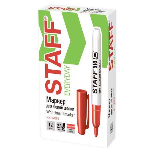 Маркер для доски красный 2,5мм тонкий корпус круглый наконечник STAFF 1/12