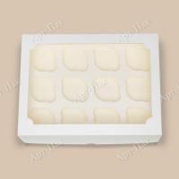 Коробка для капкейков/маффинов с окном 350х250х100мм на 12шт картон белая 50/100